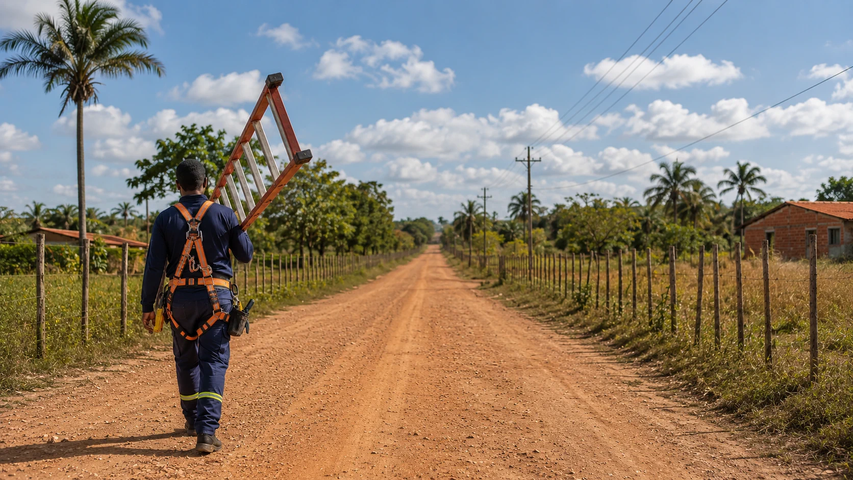 Técnico da rede caminhando com uma escada por uma estrada rural da região